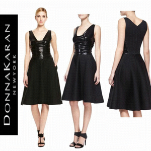 Donna Karan black sequin Bodice Flare Dress Sz 10